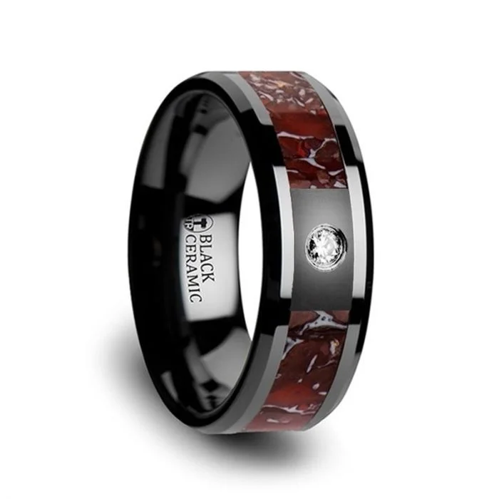 Women’s engagement rings with large diamonds-Black Ceramic Men's Wedding Band with Red Dinosaur Bone Inlay & Diamond