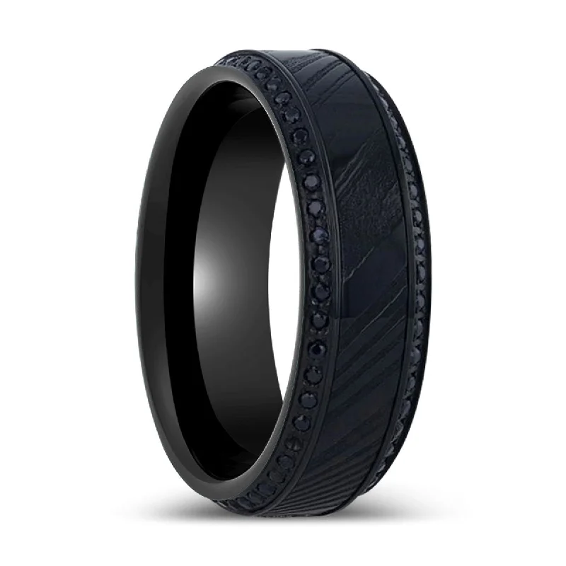 Women’s halo ring-TROPHY | Black Damascus Steel, Titanium Ring, Beveled Edges