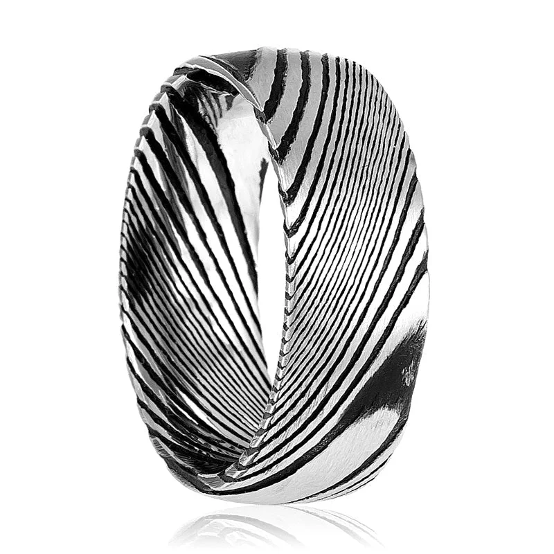 Women’s aquamarine ring-SWIRL | Silver Damascus Steel, Burl Wood Grain Texture, Domed