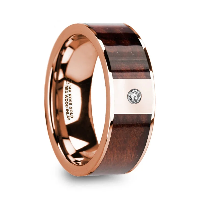 Women’s antique engagement rings-14k Rose Gold Men's Wedding Band with Redwood Inlay & Diamond