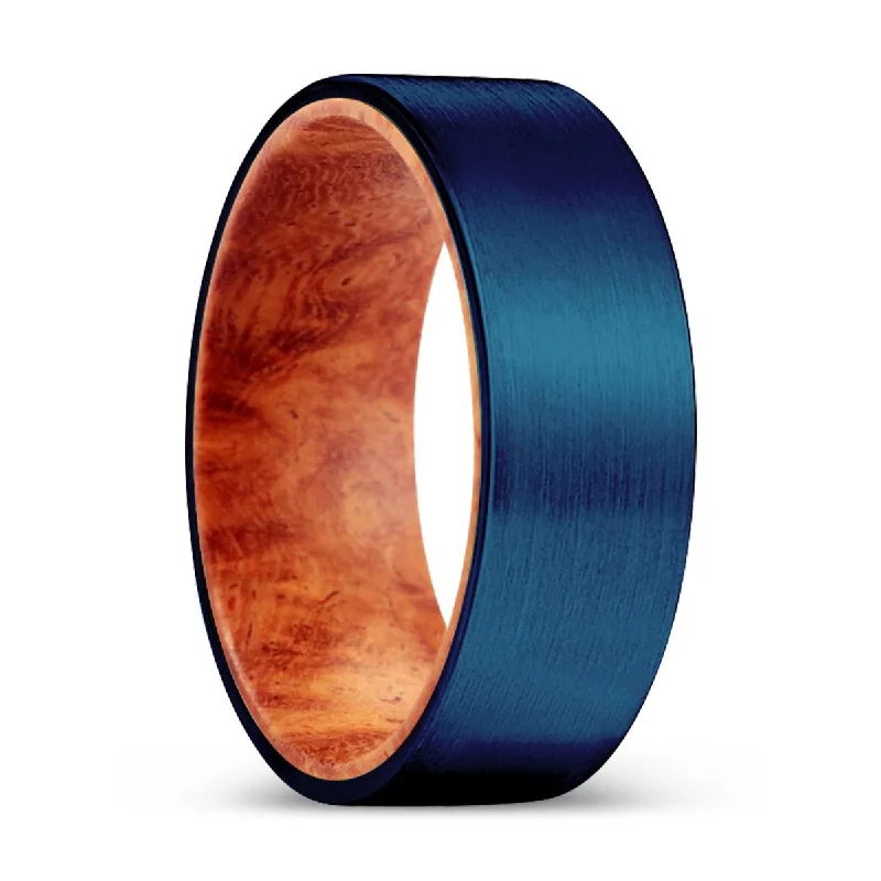 Women’s mixed metal ring-TYPHOON | Red Burl Wood, Blue Tungsten Ring, Brushed, Flat