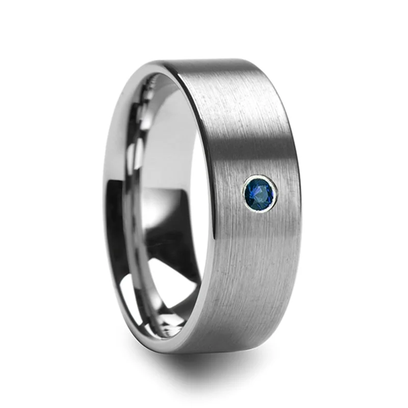 Women’s engagement rings with colored gemstones-Brushed Tungsten Men's Wedding Band with Blue Diamond