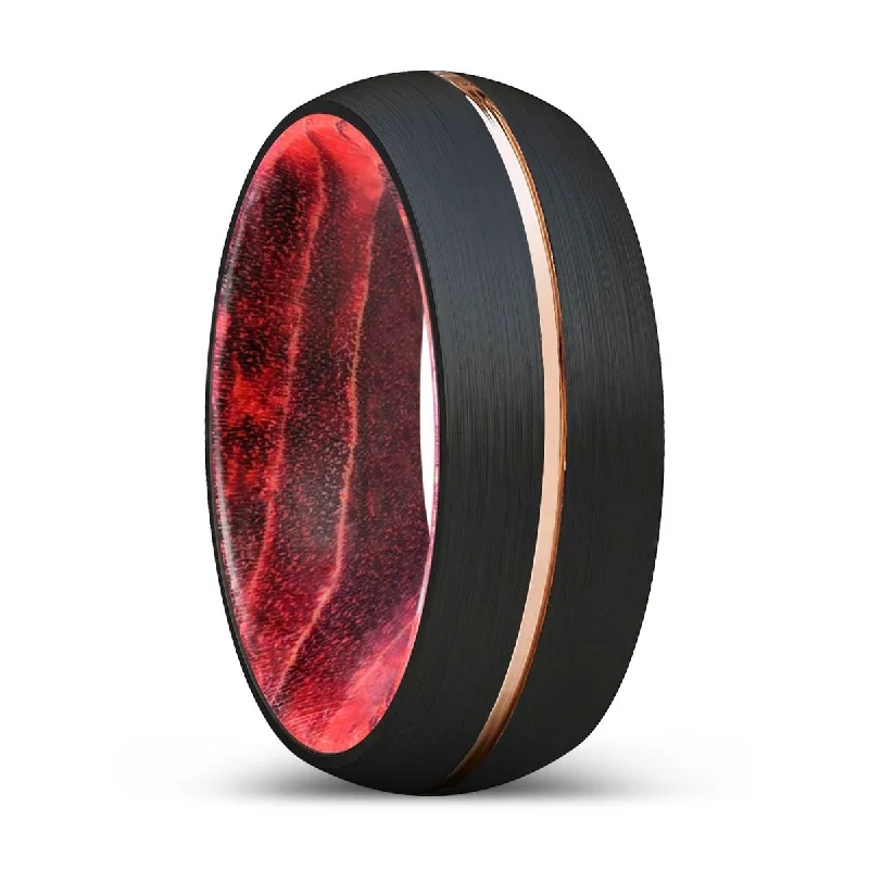 Women’s platinum ring-COCIA | Black & Red Wood, Black Tungsten Ring, Rose Gold Groove, Domed