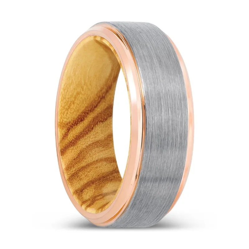 Women’s rose gold ring-KANGITEN | Olive Wood, Silver Tungsten Ring, Brushed, Rose Gold Stepped Edge