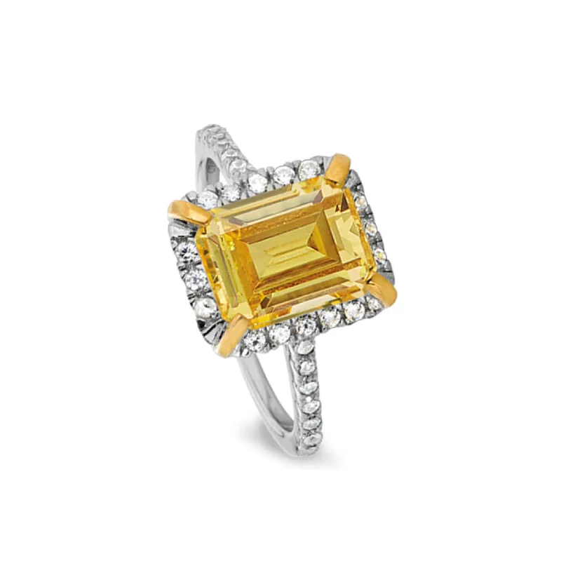 Women’s solitaire engagement rings with platinum-Vintage-Style Ring with Emerald Cut Canary Stone & Simulated Diamonds