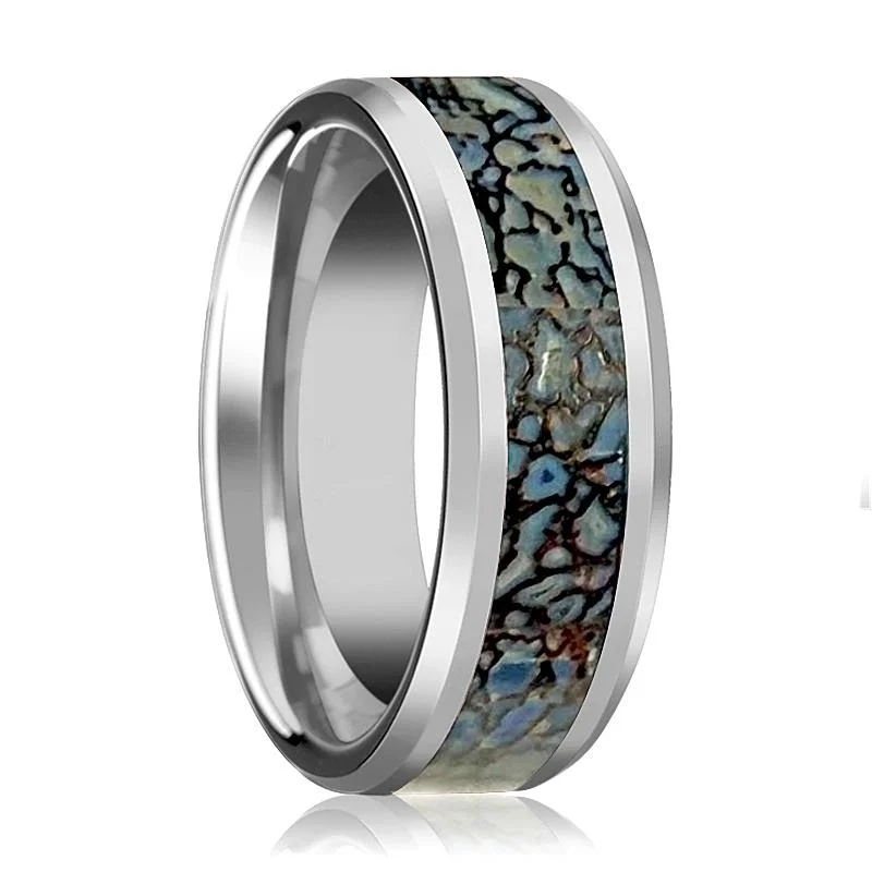 Women’s engraved ring-DEVONIAN | Tungsten Ring Blue Dino Bone Inlay