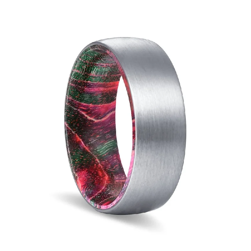 Women’s eternity ring-AMSBAUGH | Green and Red Wood, Silver Tungsten Ring, Brushed, Domed