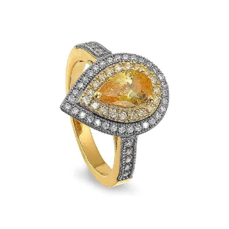 Women’s engagement rings with contemporary designs-Pear Shaped Gold Ring with Canary Colored Stone & Simulated Diamonds