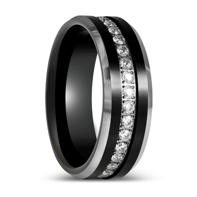 Women’s flower-shaped ring-NEMESIS | Black Tungsten Ring, White Round CZ, Beveled Edge Ring