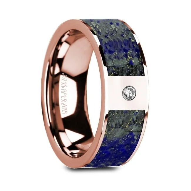 Women’s emerald and diamond engagement rings-14k Rose Gold Men's Wedding Band with Blue Lapis Lazuli Inlay & Diamond