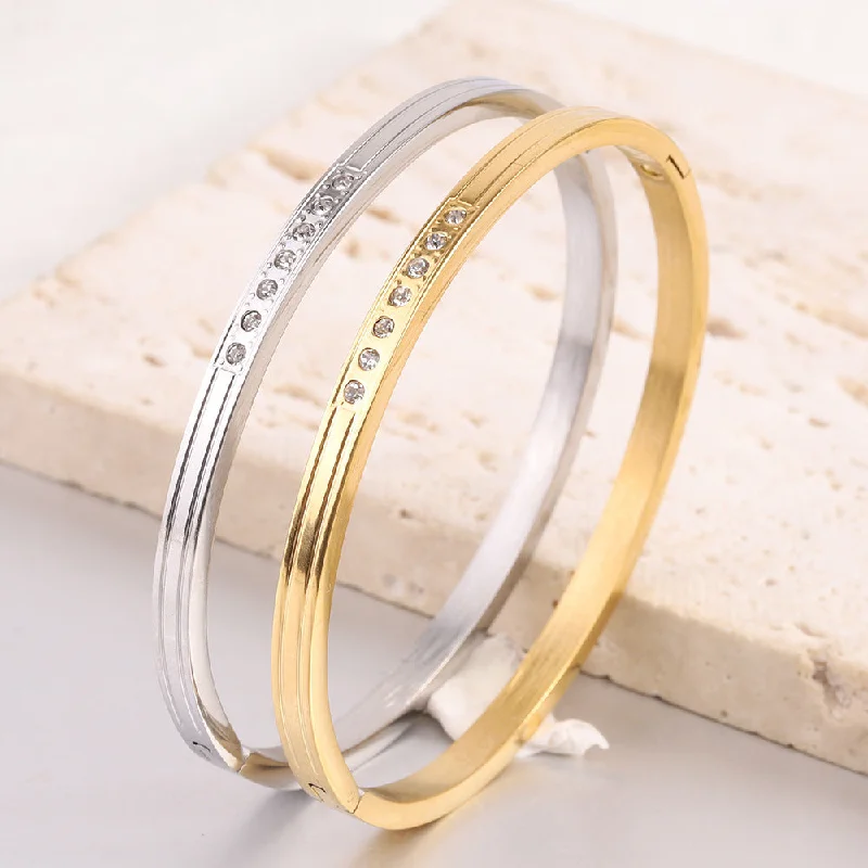 Women’s layered bangle-Wholesale Simple Style Solid Color Stainless Steel Inlay Zircon Bangle