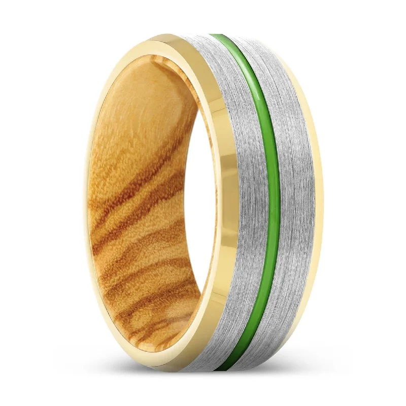 Women’s sapphire ring-VESTIGE | Olive Wood, Silver Tungsten Ring, Green Groove, Gold Beveled Edge