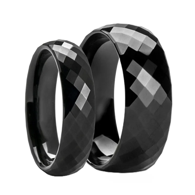 Women’s elegant engagement rings-Diamond Faceted Black Tungsten Couple's Matching Wedding Band Set