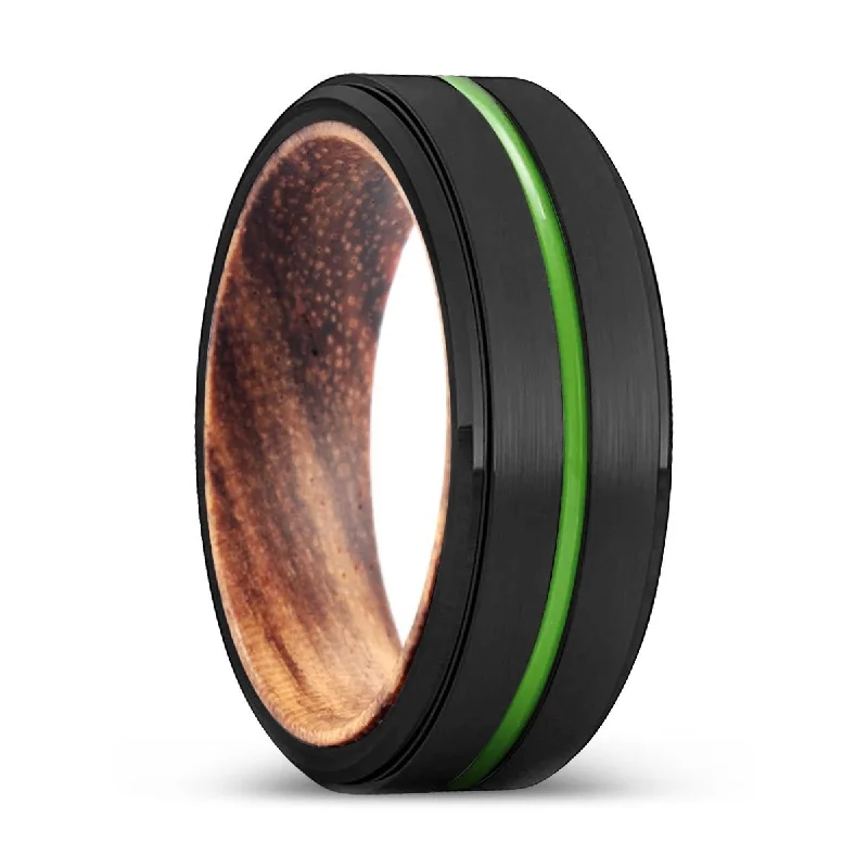 Women’s vintage-inspired ring-ALEXANDRIA | Zebra Wood, Black Tungsten Ring, Green Groove, Stepped Edge