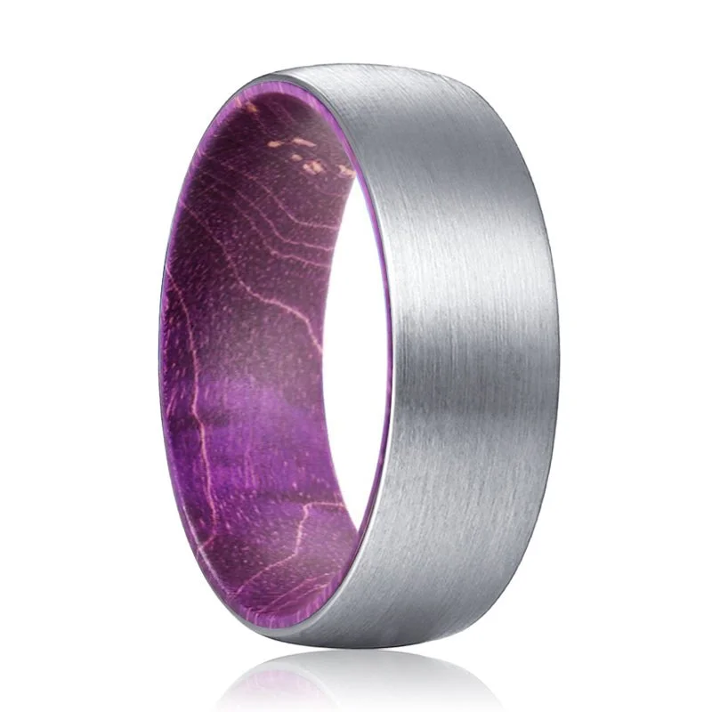 Women’s promise ring-MORAV | Purple Wood, Silver Tungsten Ring, Brushed, Domed