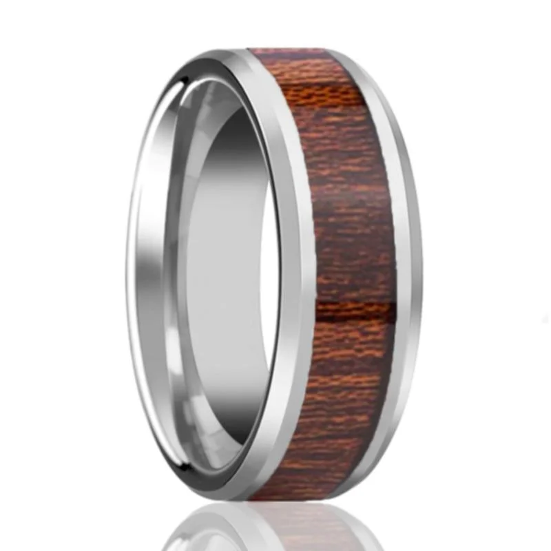 Women’s stackable rings-MYTHIC | Silver Tungsten Ring, Koa Wood Inlay, Beveled Edge