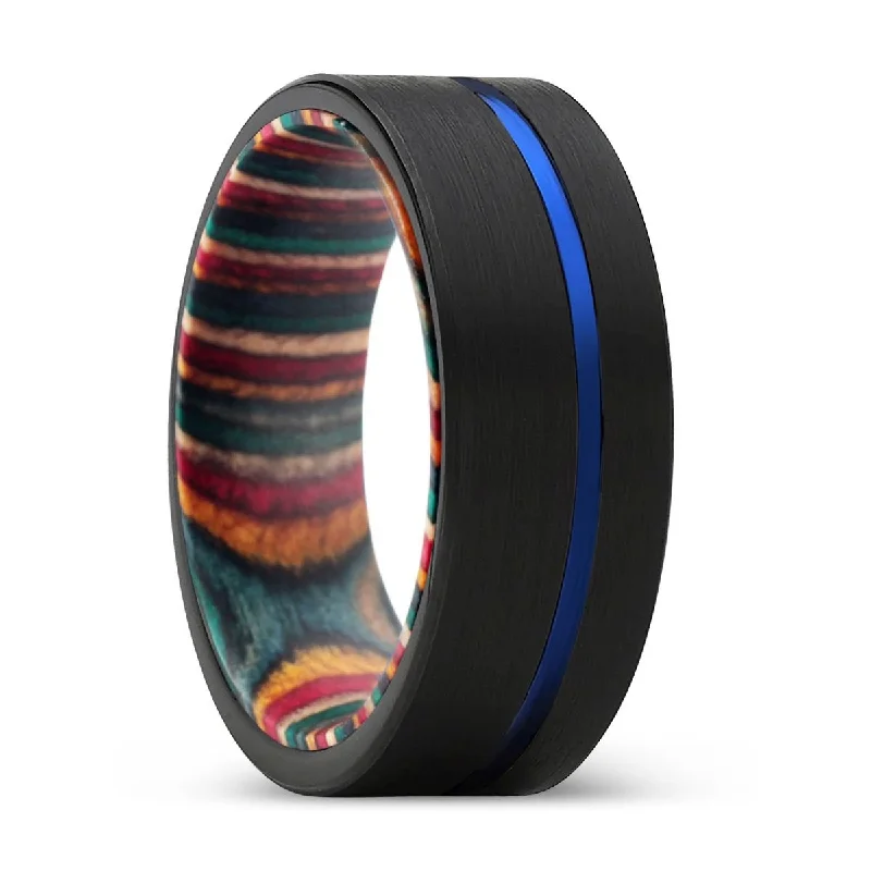 Women’s flower-shaped ring-GUST | Multi Color Wood, Black Tungsten Ring, Blue Offset Groove, Flat