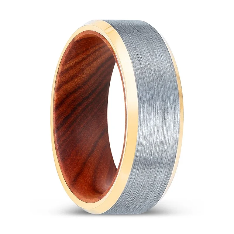 Women’s mixed metal ring-HARDTALON | IRON Wood, Brushed, Silver Tungsten Ring, Gold Beveled Edges