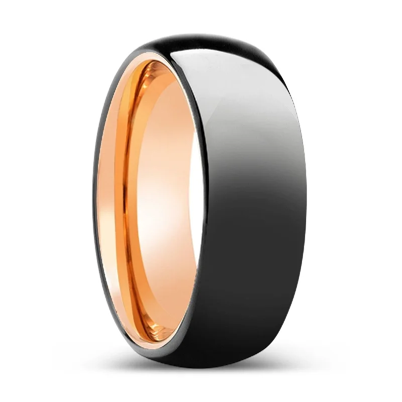 Women’s moonstone gemstone ring-MELODIC | Rose Gold Ring, Black Tungsten Ring, Shiny, Domed Tungsten