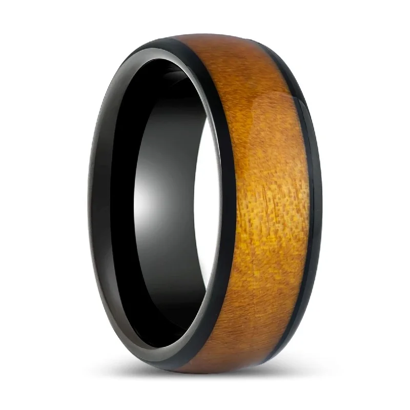 Women’s cushion-cut ring-MARCO | Black Tungsten Ring, Hue Solidified Wood, Domed