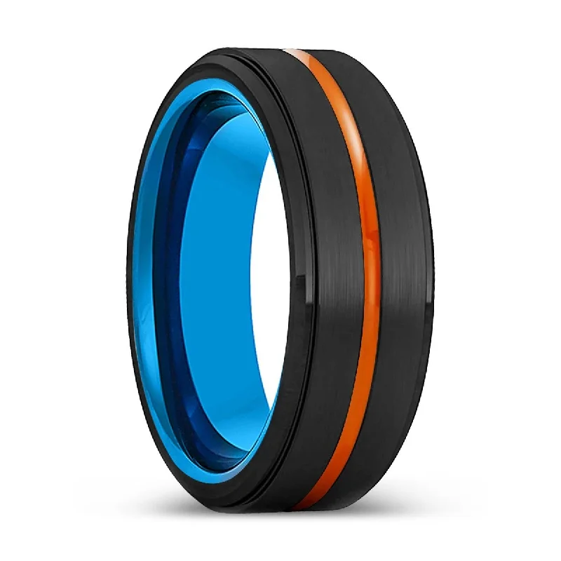 Women’s black diamond ring-PEORIA | Blue Tungsten Ring, Black Tungsten Ring, Orange Groove, Stepped Edge