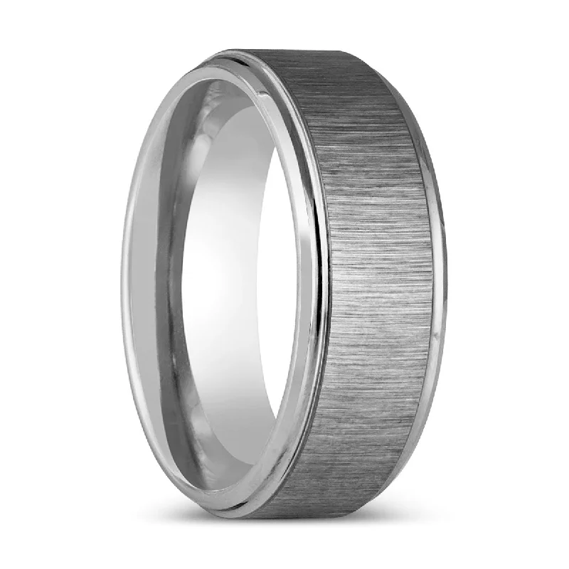 Women’s marquise ring-REFLECTIVA | Silver Tungsten Ring, Grain Finish Stepped Edge