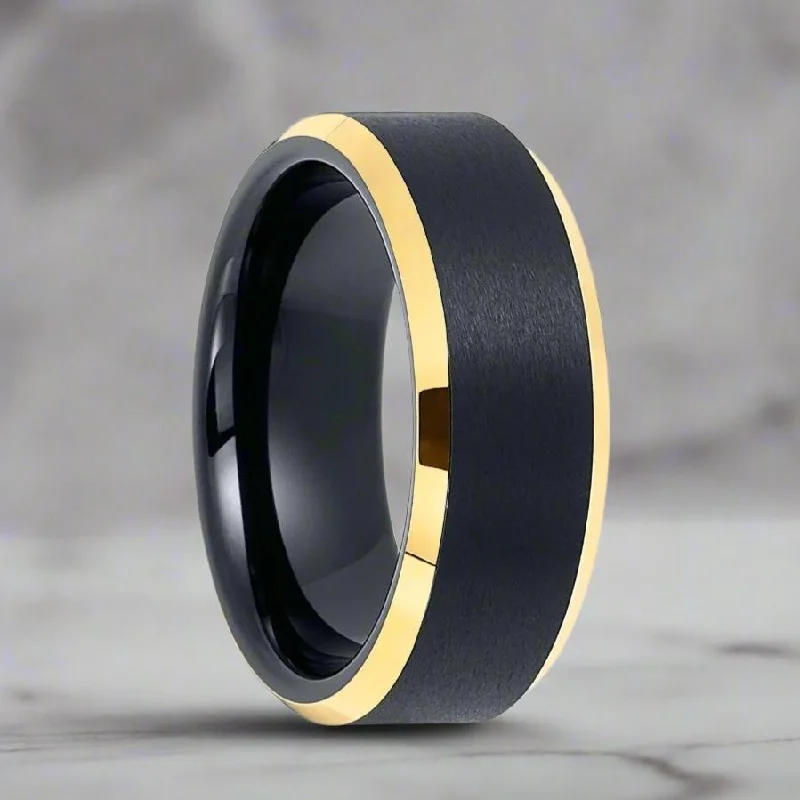 Women’s gold ring-AERGLO | Black Tungsten Ring, Brushed, Gold Beveled Edges