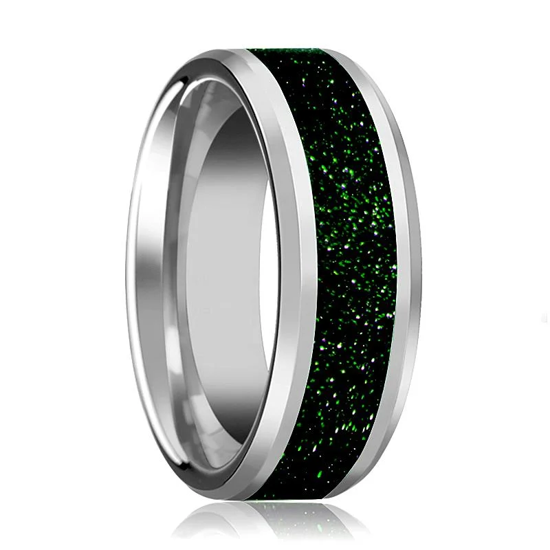 Women’s silver plated ring-PATRICK | Tungsten Ring, Green Gold Stone Inlay, Beveled