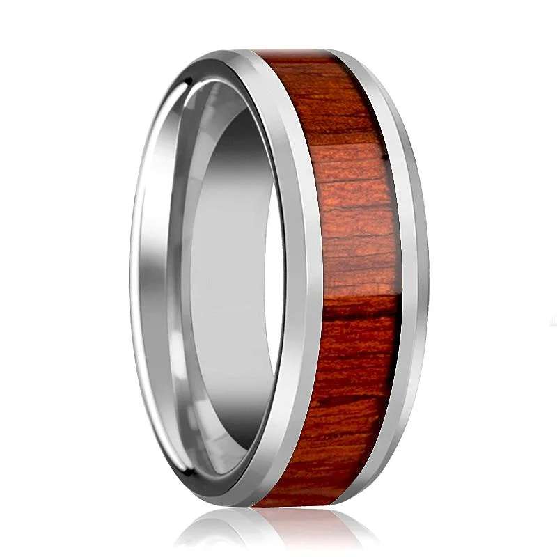 Women’s bridal ring-NARRA | Silver Tungsten Ring, Padauk Wood Inlay, Beveled