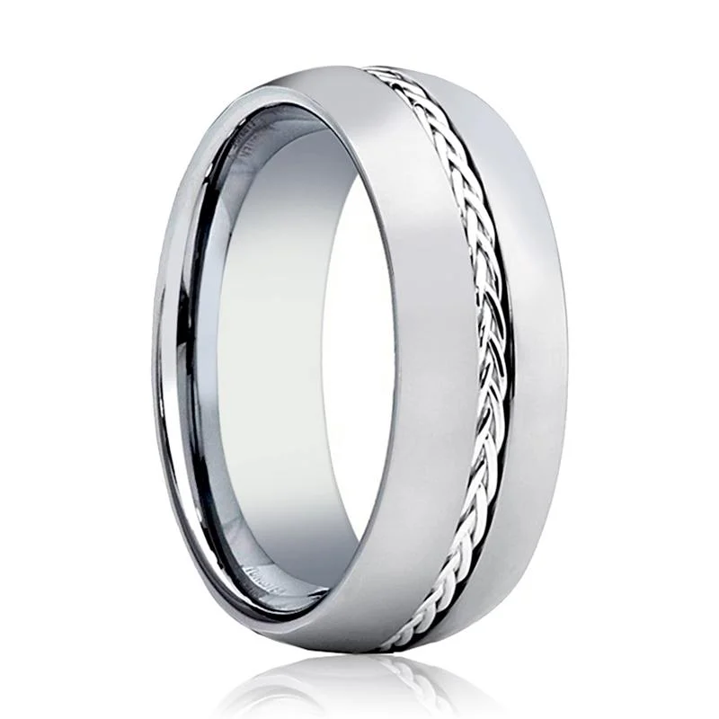 Women’s cubic zirconia ring-BAXTER | Silver Tungsten Ring, Sterling Silver Braided Insert, Domed