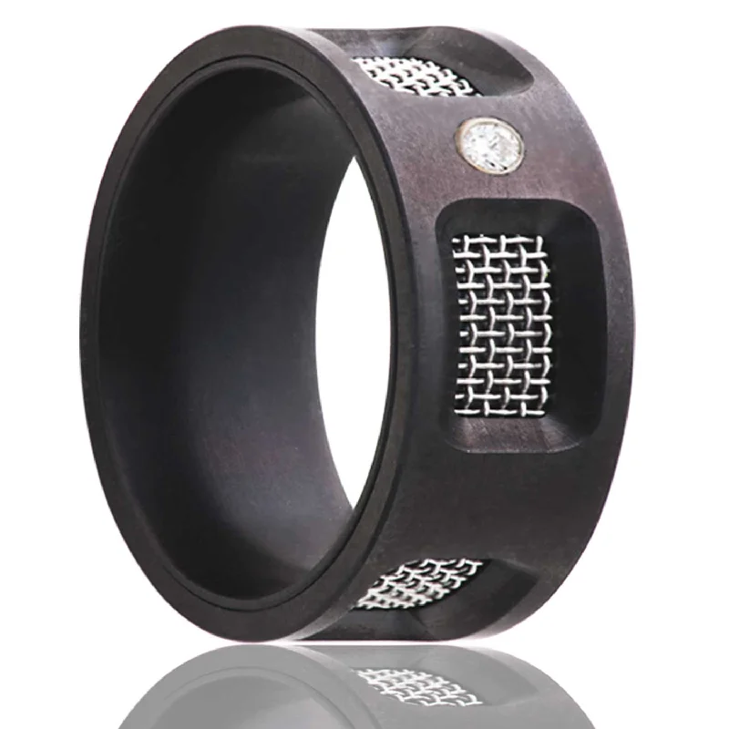 Women’s engagement rings with a simple design-Zirconium Men's Wedding Band with Mesh Inlays & Diamond