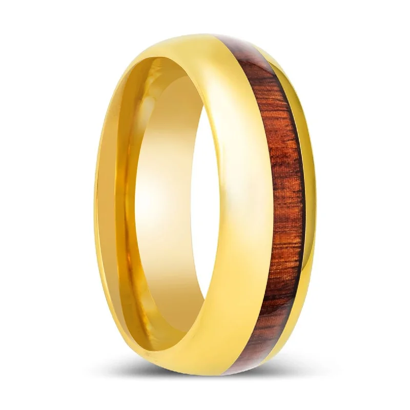 Women’s chunky gold ring-HUBERT | Gold Tungsten Ring, Koa Wood Inlay, Domed