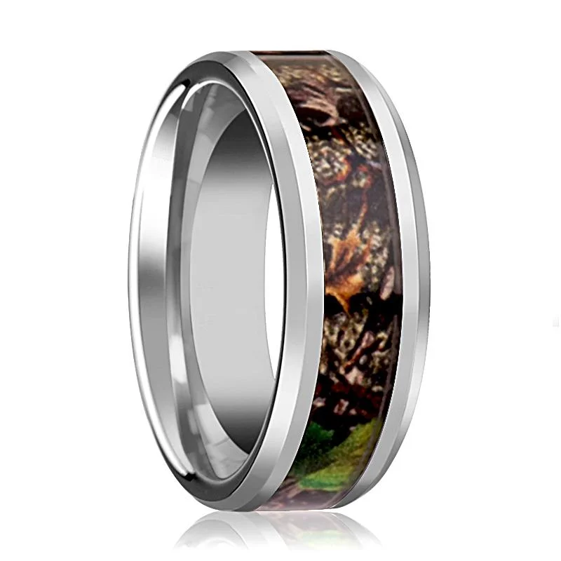 Women’s moonstone ring-Realistic Tree Camo Tungsten Ring for Men With Green Leaves & Polished Finish