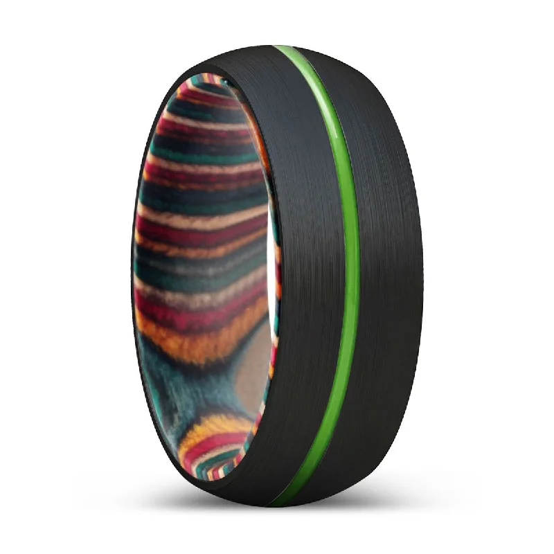 Women’s luxury diamond ring-KOMODO | Multi Color Wood, Black Tungsten Ring, Green Groove, Domed