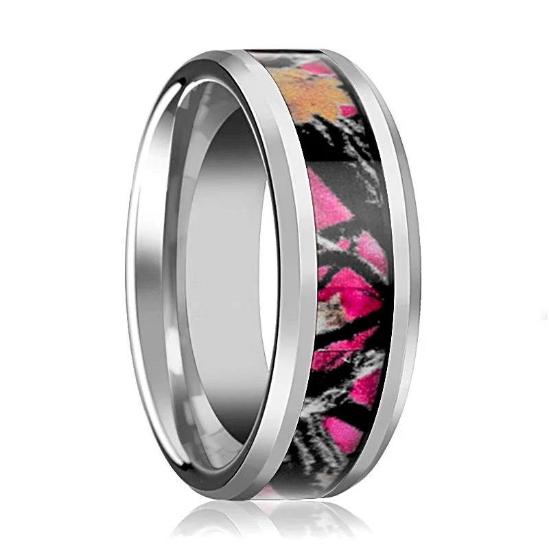 Women’s vibrant gemstone ring-Pink Oak Leaves Camouflage Men's Tungsten Wedding Band with Beveled Edges - 6MM - 8MM