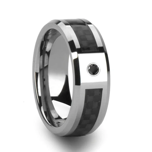 Women’s engagement rings with large diamonds-Men's Tungsten Wedding Band with Black Carbon Fiber Inlay & Black Diamond