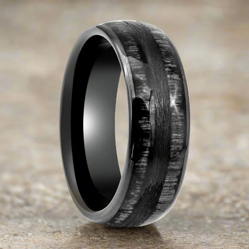 Women’s designer ring-LUQUE | Black Tungsten Ring, Charcoal Wood Inlay, Domed