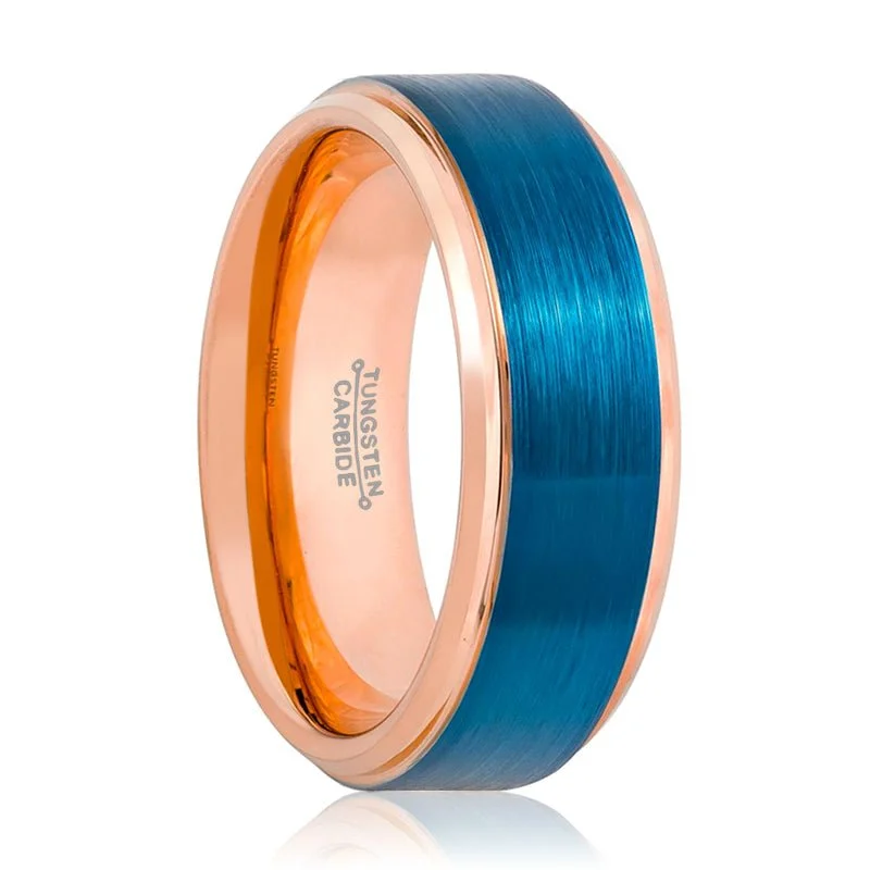 Women’s hammered gold ring-ZION | Tungsten Ring Two Tone Rose & Blue