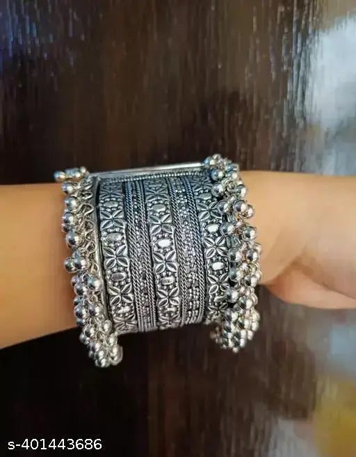 Women’s thick bangle-Tehzeeb Creations Women's Silver Colour Oxidised Bangle With Ghungroo