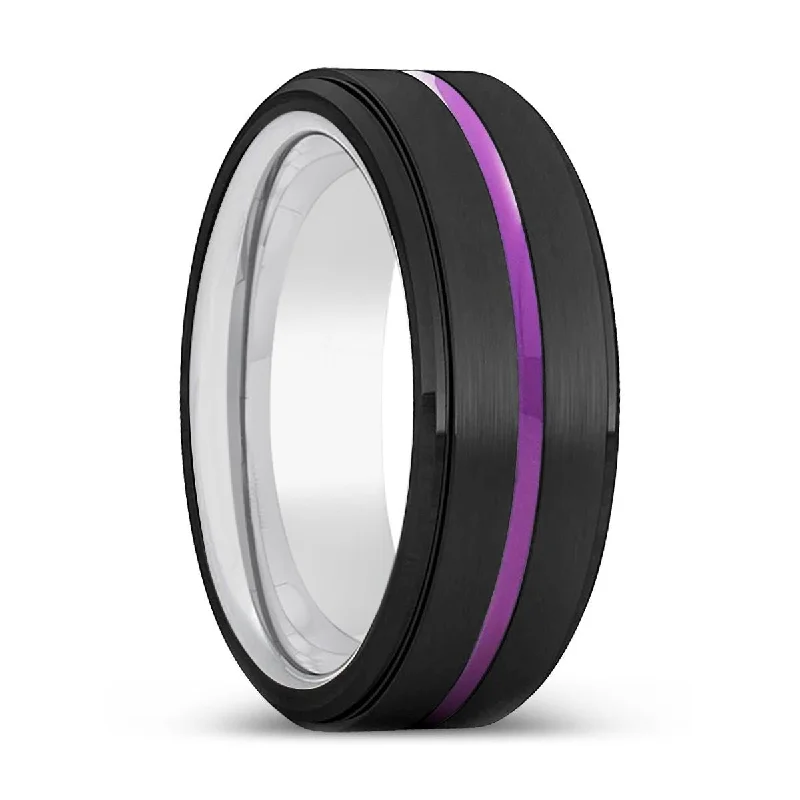 Women’s mixed metal ring-BUNBURY | Silver Ring, Black Tungsten Ring, Purple Groove, Stepped Edge