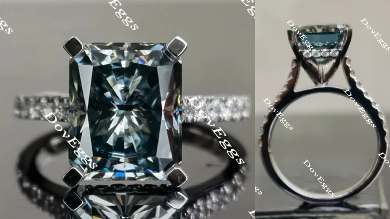 Women’s matching engagement and wedding rings-Karen's Dream Smokey Sparks Grey radiant moissanite engagement ring