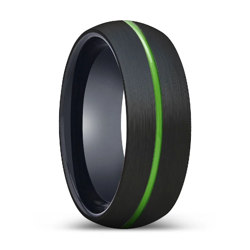 Women’s three-stone ring-RIDWAN | Black Ring, Black Tungsten Ring, Green Groove, Domed