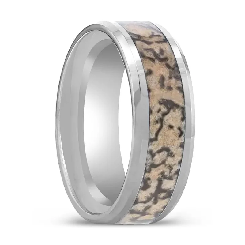 Women’s vintage-inspired ring-ORDOVICIAN | Silver Tungsten Ring, Brown Dinosaur Bone Inlay, Beveled