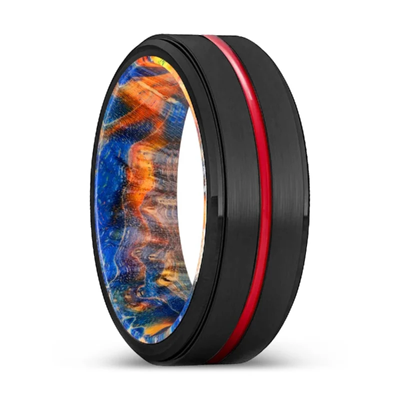 Women’s opal ring-CYCLONE | Blue & Yellow/Orange Wood, Black Tungsten Ring, Red Groove, Stepped Edge