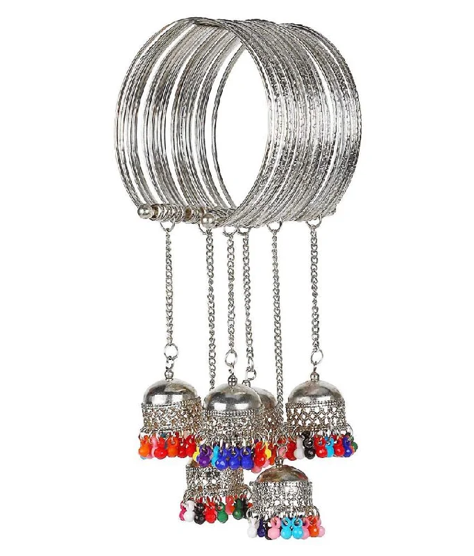 Women’s layered bracelets-Silver-Plated Alloy Oxidised Bangle With Jhumki Hanging - The Pari