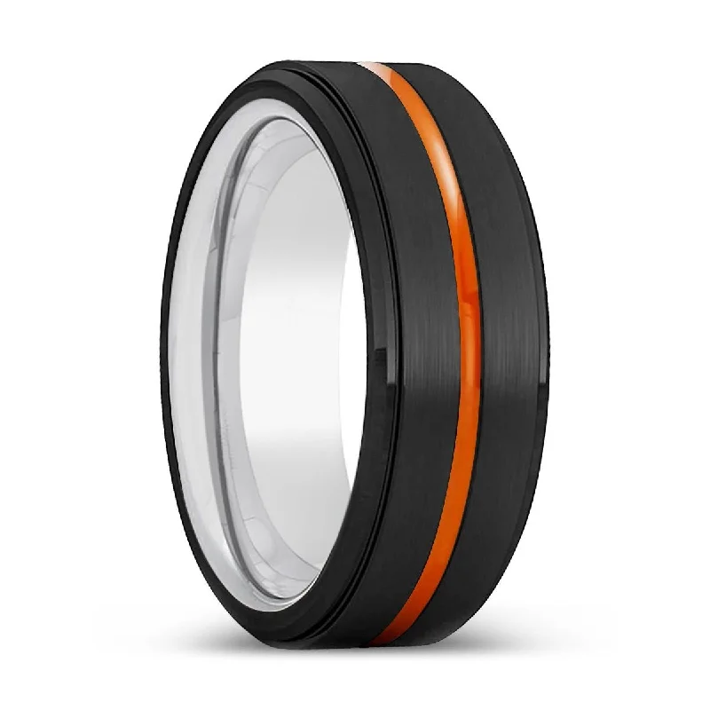 Women’s channel set ring-AUGUSTA | Silver Ring, Black Tungsten Ring, Orange Groove, Stepped Edge