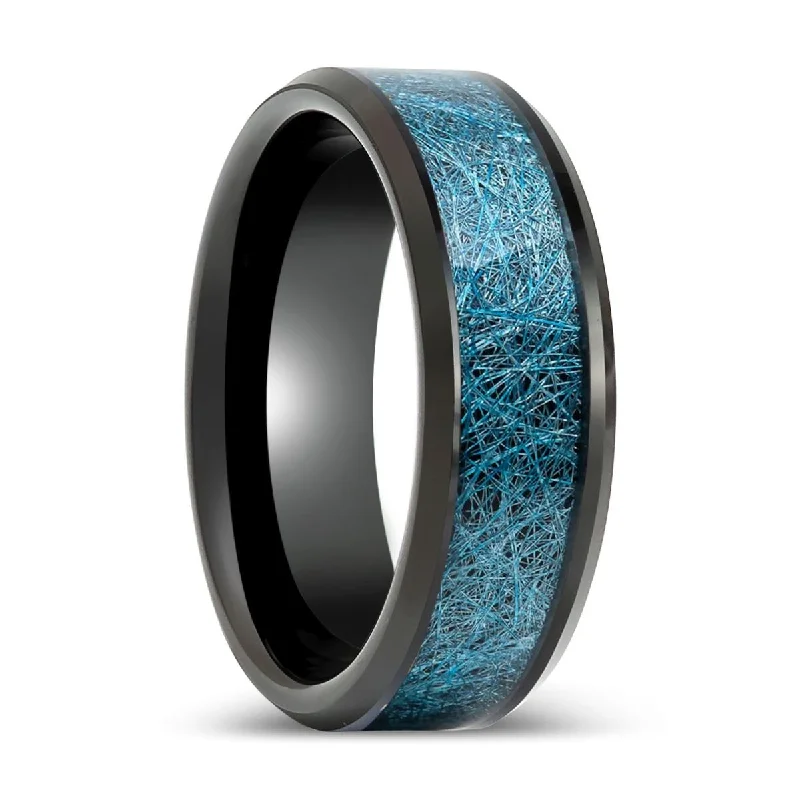 Women’s moonstone ring-MARIEMONT | Black Tungsten Ring with Blue Silk Inlay