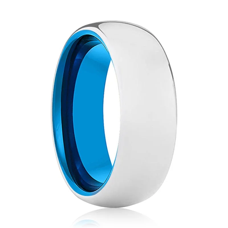 Women’s geometric design ring-DELTA | Blue Tungsten Ring, Silver Tungsten Ring, Shiny, Domed