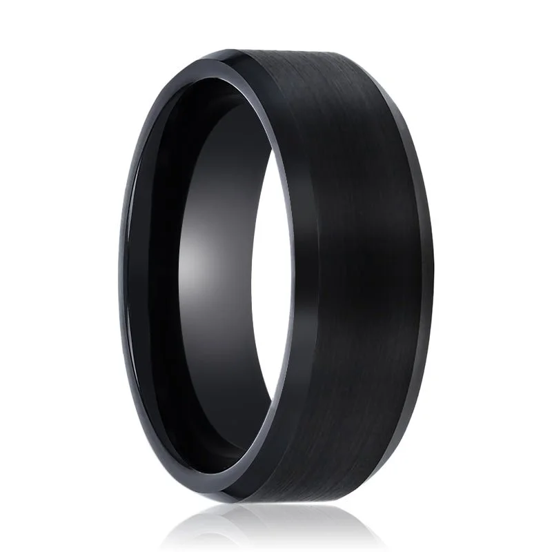 Women’s vintage gold ring-BLACKJACK | Black Ring, Black Tungsten Ring, Brushed, Beveled