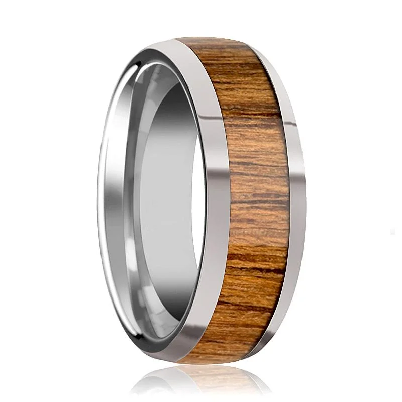 Women’s intricate design ring-THEKKA | Silver Tungsten Ring, Teak Wood Inlay, Domed